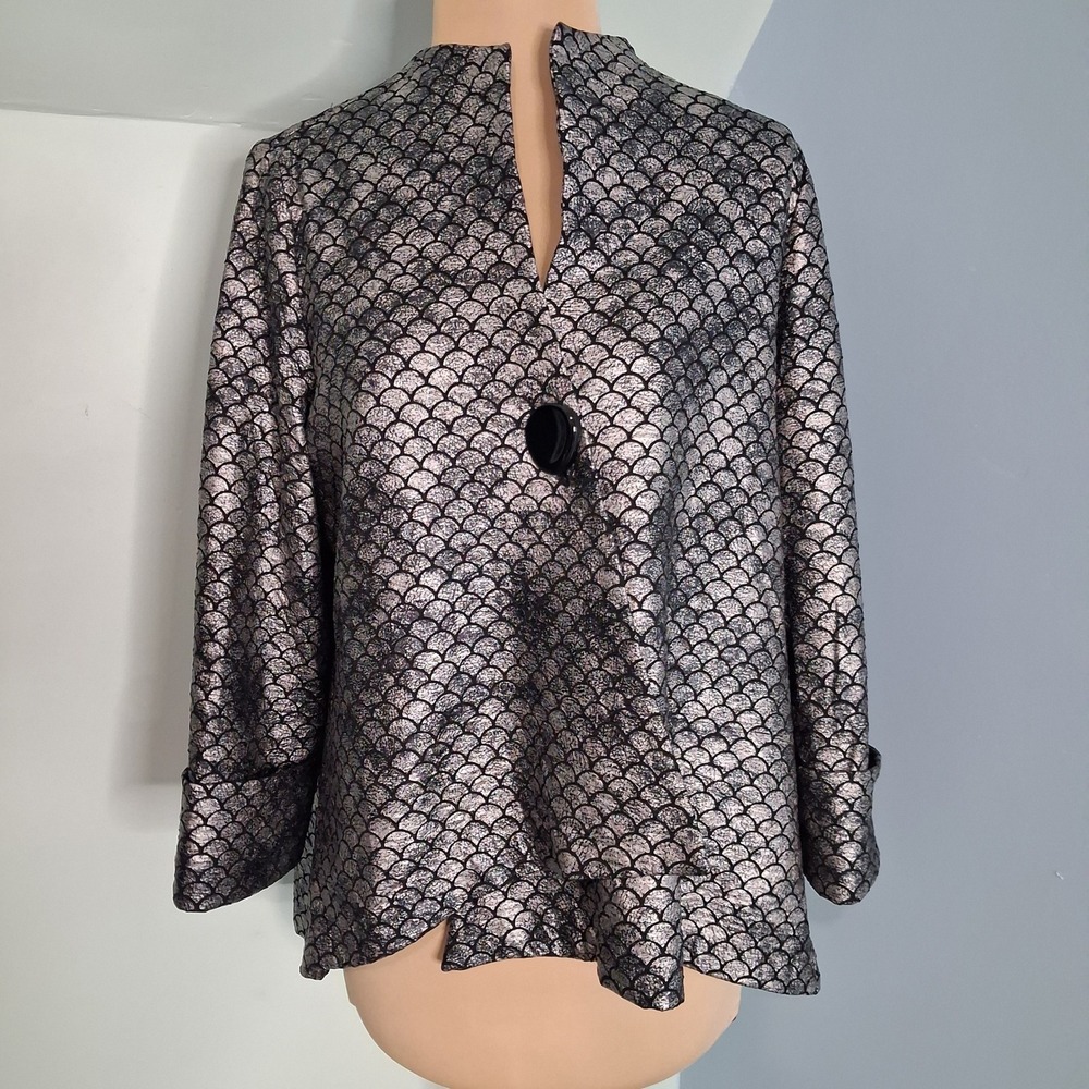 Paco Soler Metallic Silver Scale Print Asymmetric Jacket Single Button Statement